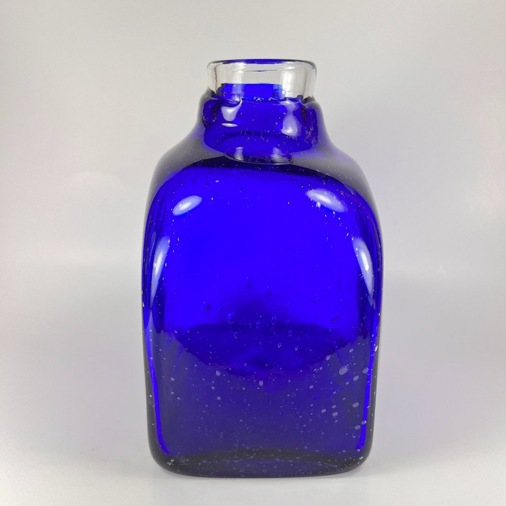 Cobalt Blue Vase Clear Cased Art Glass Hand Blown Bubbles Pattern - Picture 3 of 16